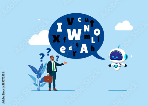 Robot talk with jargon word in speech make user confused. Difficult to explain. Artificial intelligence technology. Flat vector illustration.