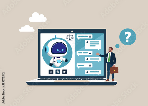 Video call with robot online. Online legal advice. Artificial intelligence technology. Modern vector illustration in flat style