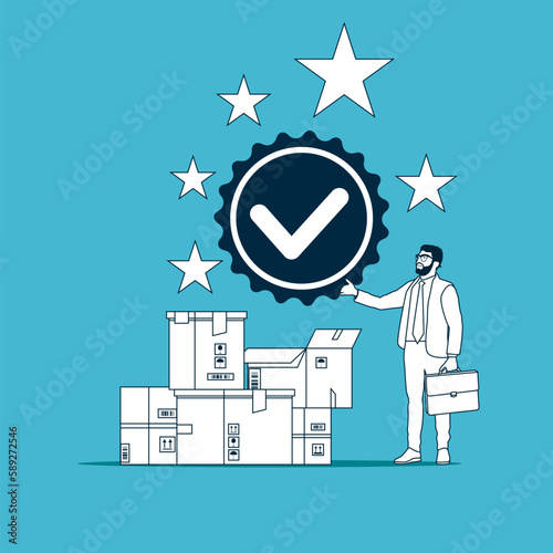 Quality Control to check quality and giving certified. Flat vector illustration