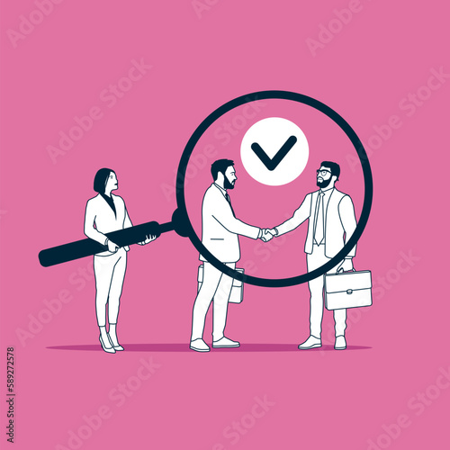 Business transparency. Woman holding magnifying glass zoom in business people shake hands. Flat vector illustration.