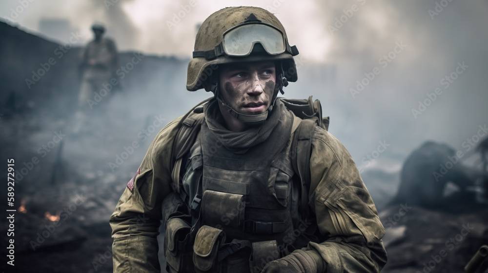 Ukrainian soldier on the front line. AI-generated fictional character 