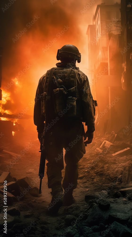 A silhouette of modern universal soldier on the battlefield. Illustration of a a military man walking on an empty destroyed environment. A silhouette of modern universal soldier on the battlefield. Illustration of a a military man walking on an empty destroyed environment.