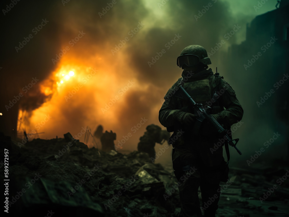 A silhouette of modern universal soldier on the battlefield. Illustration of a a military man walking on an empty destroyed environment. 