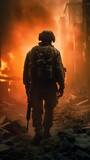 A silhouette of modern universal soldier on the battlefield. Illustration of a a military man walking on an empty destroyed environment. 