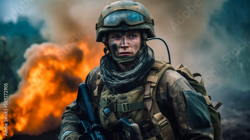 Ukrainian soldier on the front line. AI-generated fictional character  © Falk