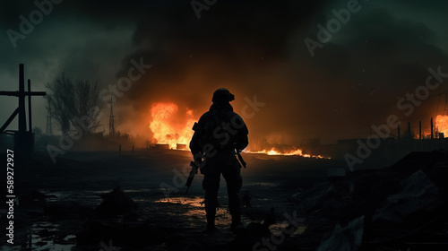A silhouette of modern universal soldier on the battlefield. Illustration of a a military man walking on an empty destroyed environment. 