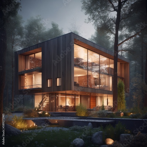 Modern house in the woods, architectural photography. © Enea