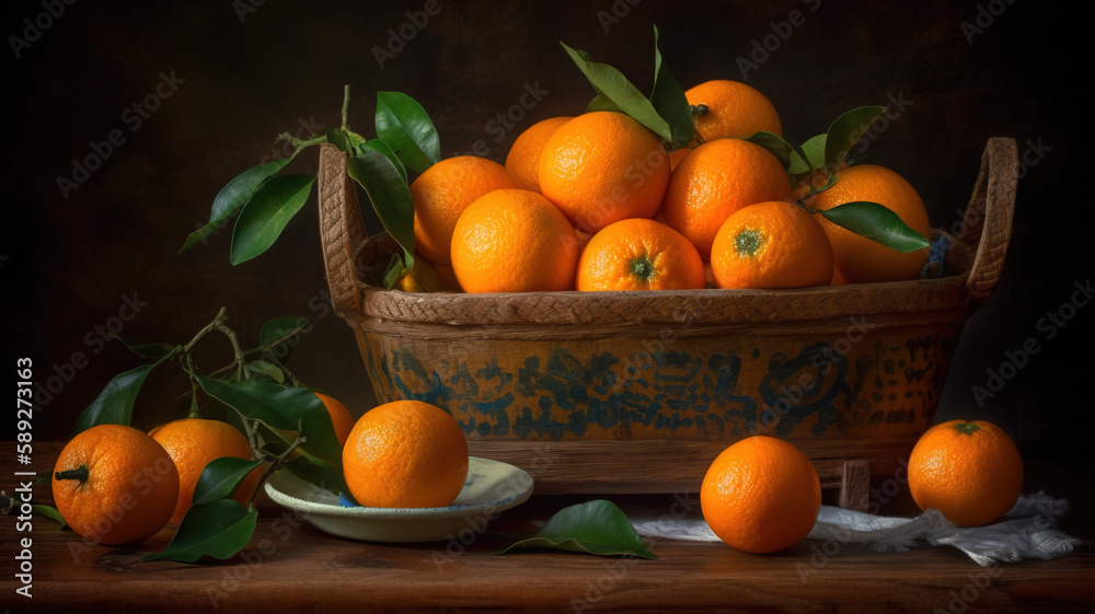 Ripe tangerines in a basket. On a wooden background