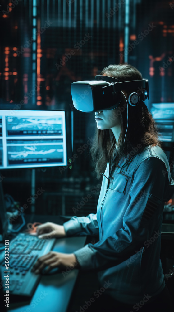 Scientist in futuristic laboratory using VR helmet. Fictional character created by AI