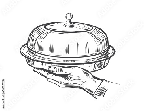 Waiter serving food or meal in cafe. Hand holding tray with lid, hand drawn Illustration, vector.