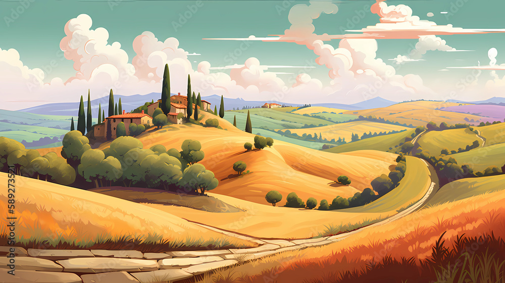 Illustration with a beautiful view of the hills of Tuscany, Italy
