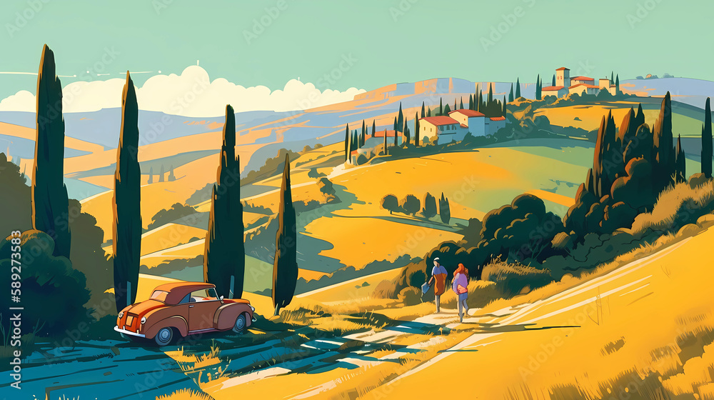 Illustration with a beautiful view of the hills of Tuscany, Italy