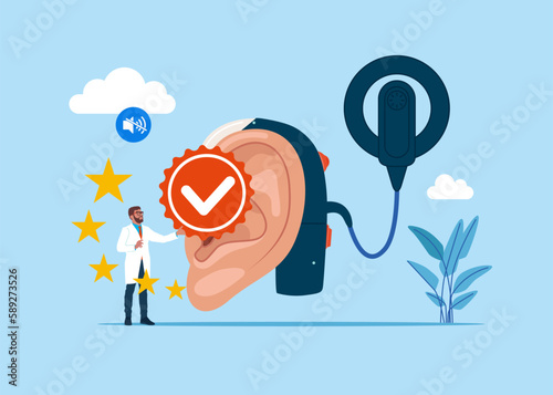 Human ears with cochlear implant. Quality Control and giving certified. Modern vector illustration in flat style
