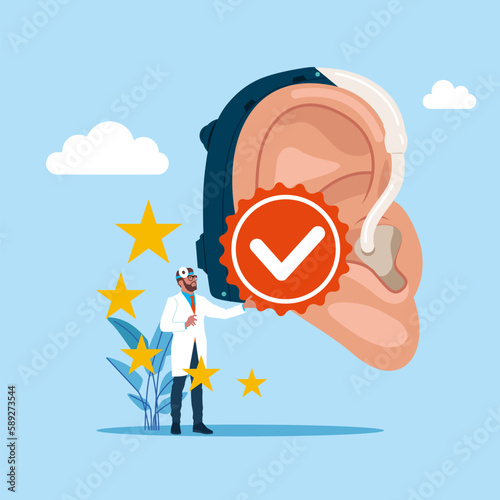 Human ears with hearing aid. Quality Control and giving certified. Modern vector illustration in flat style