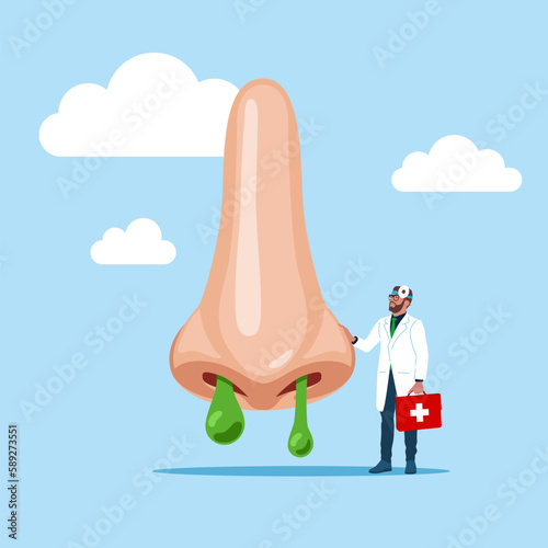 The physician, specialist holds a big sign - Human nose with symptoms of illness. Flat vector illustration.