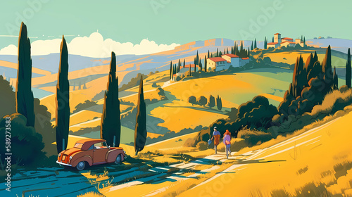Obraz na płótnie Illustration with a beautiful view of the hills of Tuscany, Italy w salonie