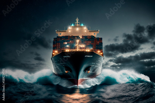 A huge tanker sails straight towards the camera, heading towards the viewer. Generative AI