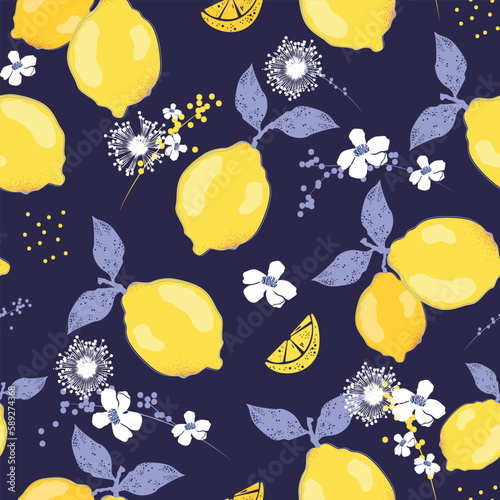 Citrus seamless pattern with lemons and flowers.