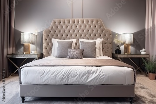 interior of modern bedroom   Luxury bedroom with golden furniture in royal interior   Interior of a hotel bedroom in the morning   Modern bedroom interior with concrete walls, Generative AI © Azar