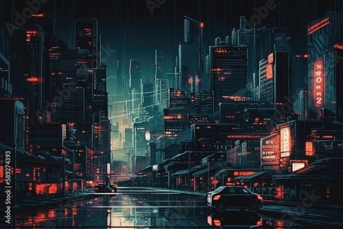 cyberpunk cityscape shot in a style of 1990s point and click 16bit game, pixel art. generative ai
