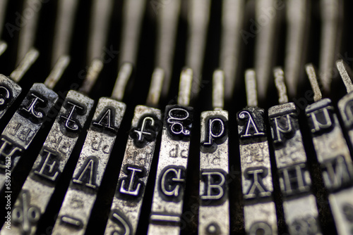 Close up, antique, vintage mettalic typewriter keys