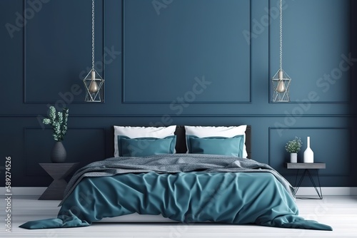 blue modern bedroom | Coloured modern white and blue bedroom with big panoramic window | blue bedroom in apartment | Interior view of luxurious blue bedroom with bed, Generative AI