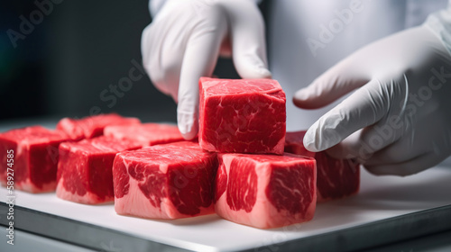 Red meat in lab scientist hands. Meat inspection control check or artificial cultured meat concept. Generative Ai