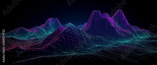Graphic and dynamic abstract landscape, in the style of neon grids. Generative AI.