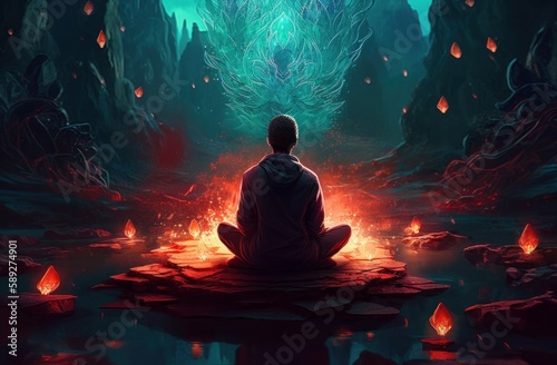A man meditates in a lotus position, surrounded by fire. Generative AI.