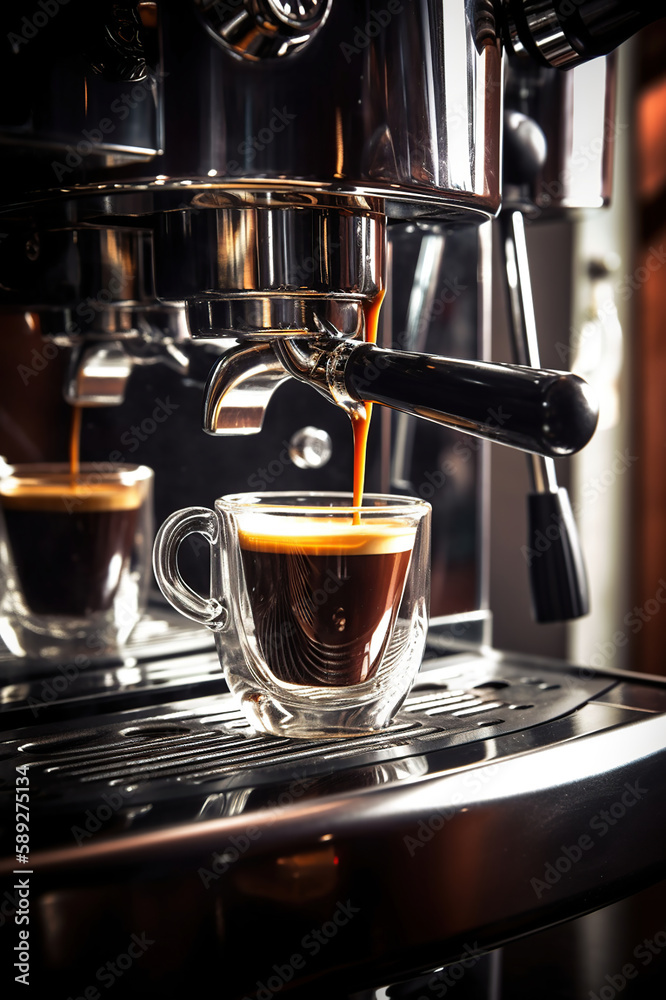 Fototapeta premium Professional coffee maker machine brewing fresh espresso coffee in cafe. Generative Ai