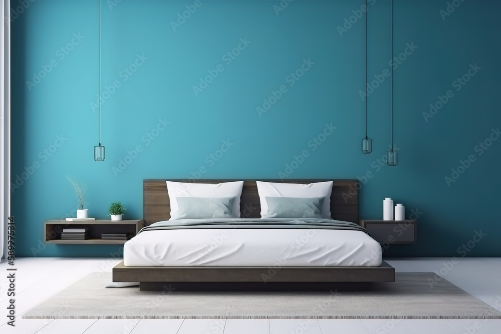 Simple bedroom with double bed, blue bedding, posters and window | a modern bedroom interior in blue colour | Interior view of luxurious blue bedroom with bed, Generative AI