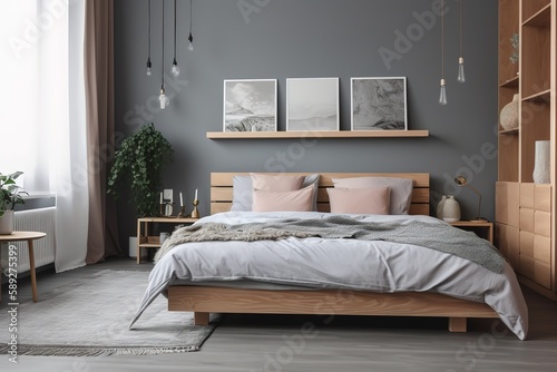 Interior of a hotel bedroom in the morning | Cosy Boho style bedroom interior with furniture and decorative elements. Bright natural light | Modern bedroom interior with concrete walls, Generative AI