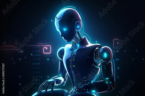 Futuristic android or AI cyborg robot digital intelligence concept. Artificial intelligence machine in the metaverse concept. AI generated