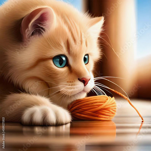 Un petit chat roux s'amusant avec une pelote de laine photo