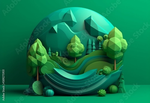 A green 3d model illustration with a landscape. Generative AI.