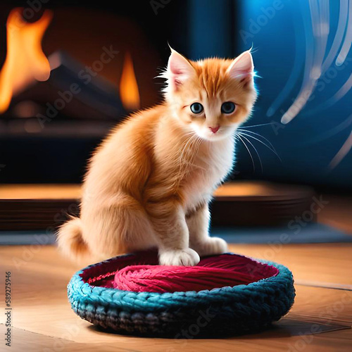 Un petit chat roux s'amusant avec une pelote de laine devant un feu de bois dans une cheminée photo