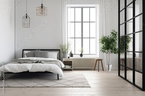 Interior of a hotel bedroom in the morning   Cosy Boho style bedroom interior with furniture and decorative elements. Bright natural light   Modern bedroom interior with concrete walls, Generative AI © Azar