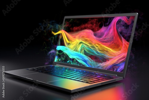 A laptop with beautiful colorful 3d abstract. Generative AI.