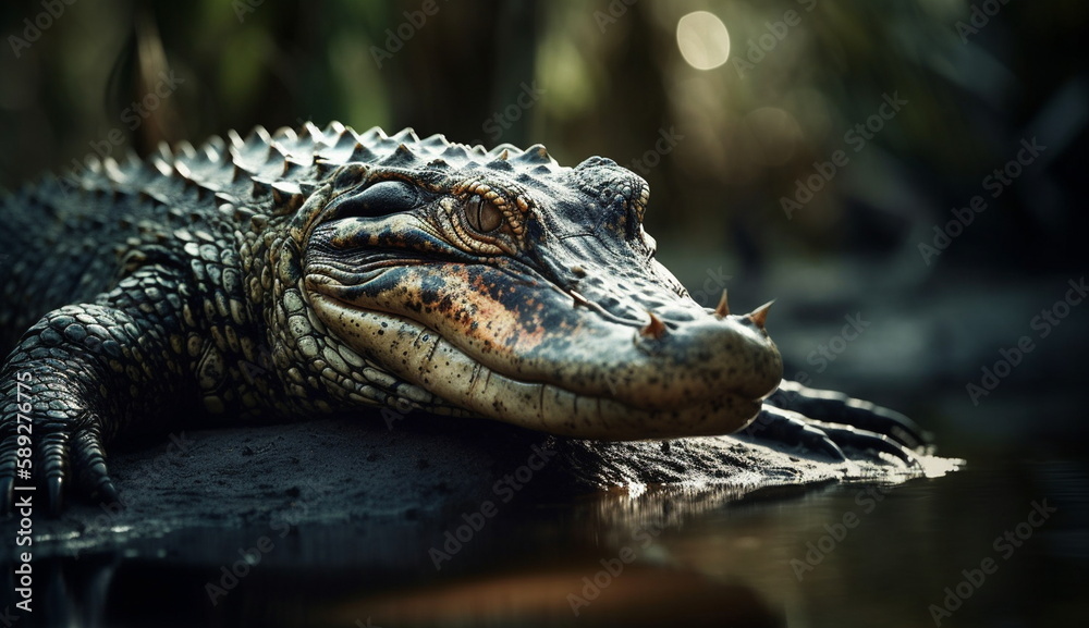 Obraz premium Wild crocodile is lurking in the forest swamp. Based on Generative Ai.