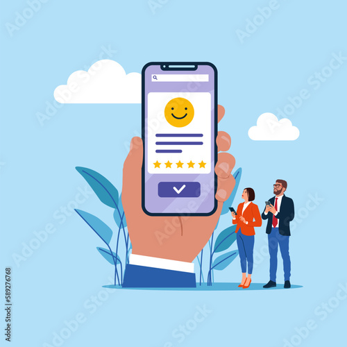 Good review with phone, positive feedback, good reputation, high ratings. Modern vector illustration in flat style