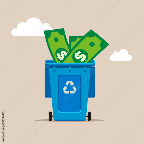 Trash can of with discarded money. Collapse of the dollar. Flat vector illustration.