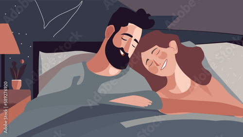 Sleeping wife and husband, couple smiling in bed, intimacy.