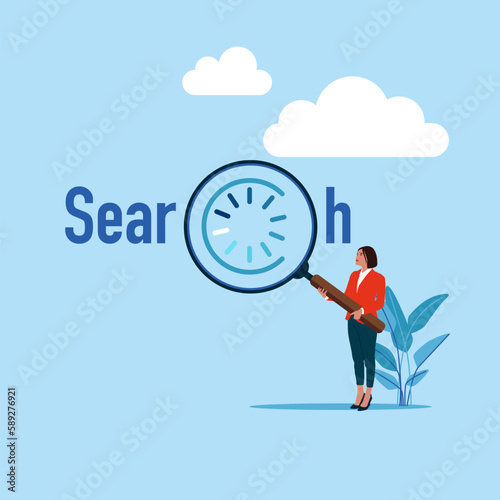 The search engine. Businessman holds a magnifying glass for searching. Business deal. Flat vector illustration.