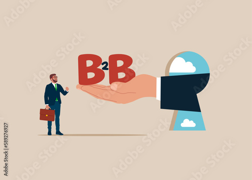 Boss hand give alphabet B2B to happy businessman. Business deal.  Flat vector illustration.