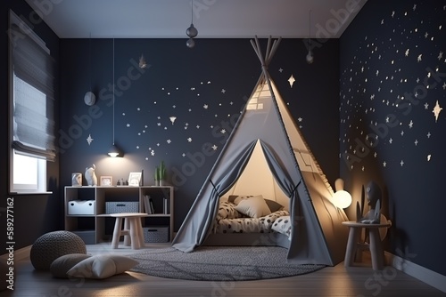 Children room interior with comfortable bed   Interior of playroom   Toys On Bed Against Wall At Home   Interior of modern children s room  Generative AI