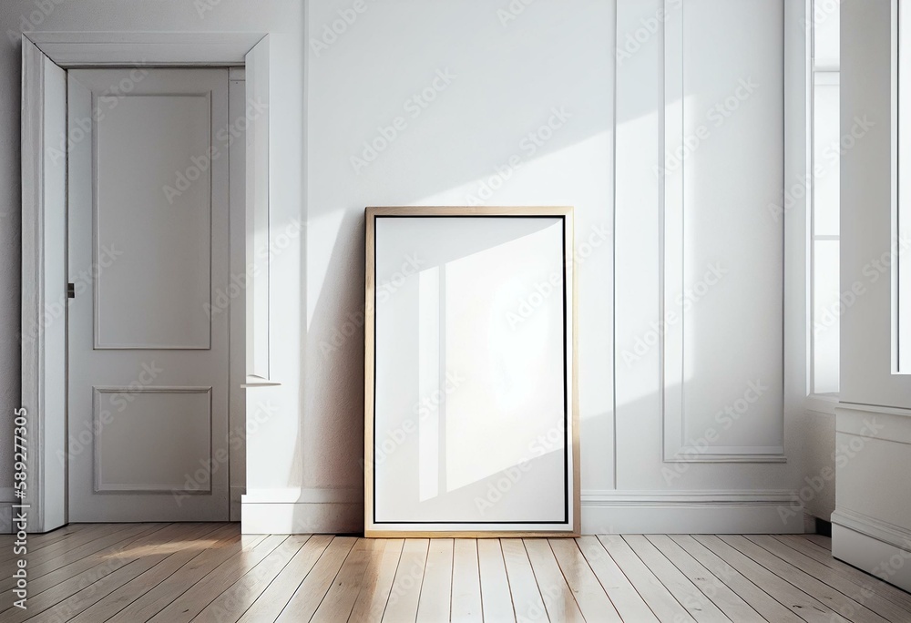 Simple Interior poster mock up with vertical empty wooden frame standing on white wooden floor, in minimalistic room with white wall. Generative AI