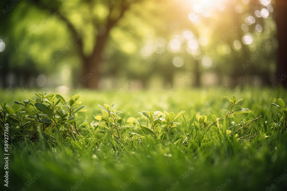Fresh green garden grass lawn in spring, summer with bright bokeh of blurred foliage of springtime in the background and tree leaves in the foreground. Fresh green garden grass lawn in spring, summer with bright bokeh of blurred foliage of springtime in the background and tree leaves in the foreground.
