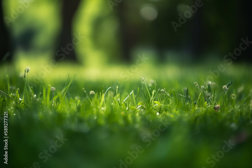 Fresh green garden grass lawn in spring, summer with bright bokeh of blurred foliage of springtime in the background and tree leaves in the foreground. © Visual Studio