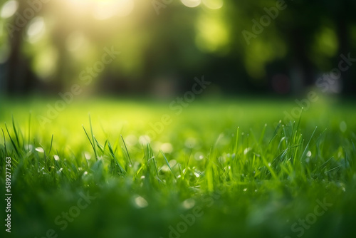Fresh green garden grass lawn in spring, summer with bright bokeh of blurred foliage of springtime in the background and tree leaves in the foreground.