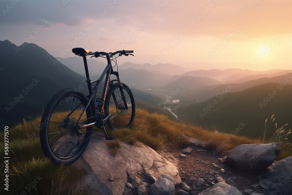 Professional mountainbike on top of mountain hill at sunset. Concept of cross country biking and extreme outdoor sports. Professional mountainbike on top of mountain hill at sunset. Concept of cross country biking and extreme outdoor sports.